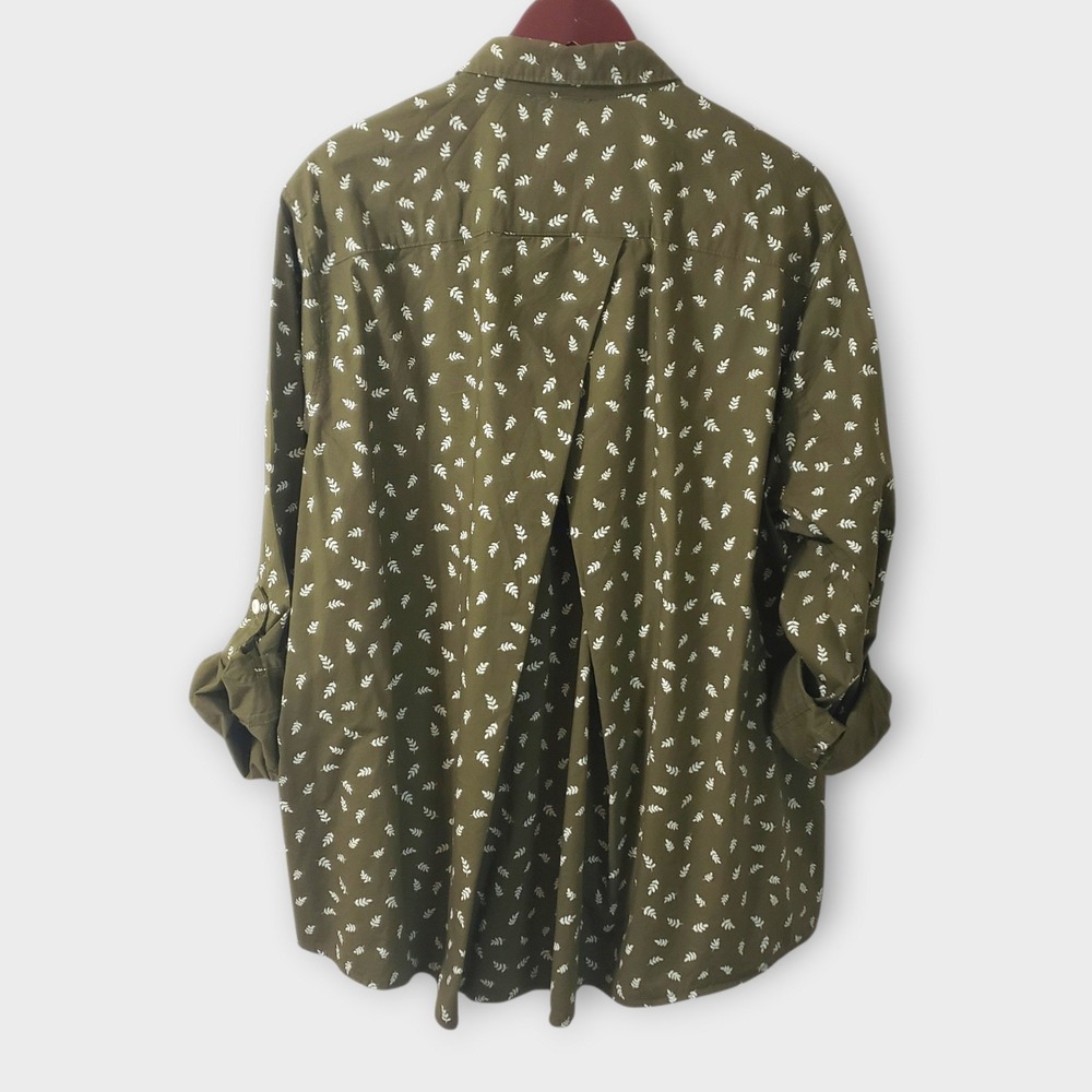 Duluth Trading Co Womens XXL Green Leaf Print Roll Tab Sleeve Button Down Shirt - Picture 5 of 11